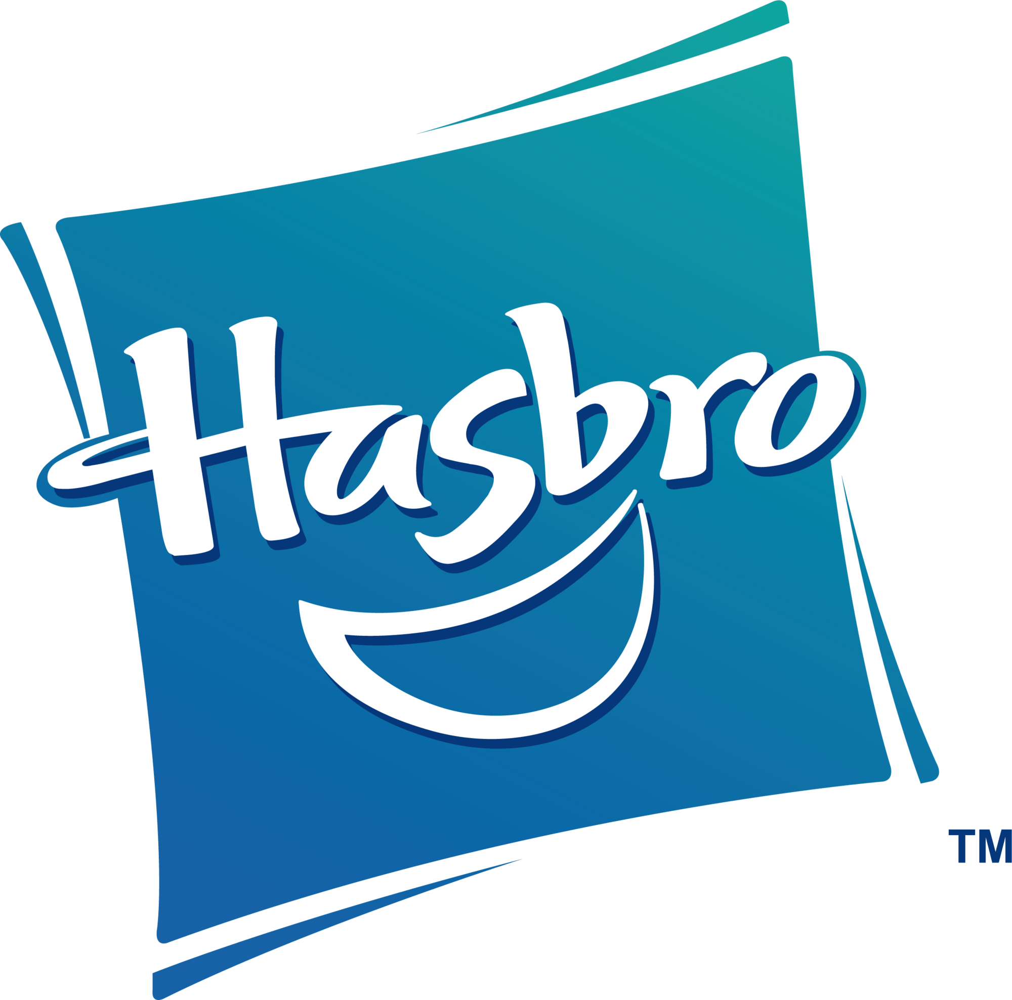 Blue and teal Hasbro logo with white stylized lettering and curved underline