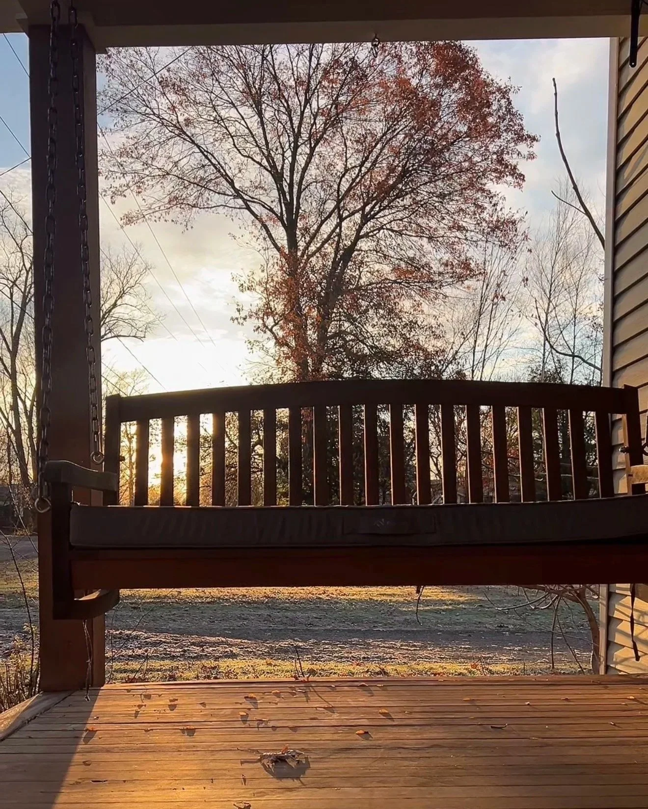 Sun streams across a front porch with a porch swing hanging above it. A tree with red autumn leaves is in the background