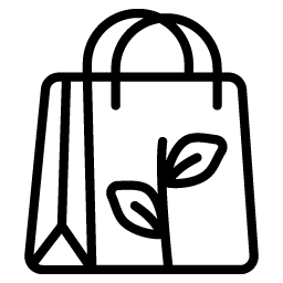 Minimal line illustration of a shopping bag with a plant symbol representing sustainable products, ethical consumption and environmentally responsible retail choices