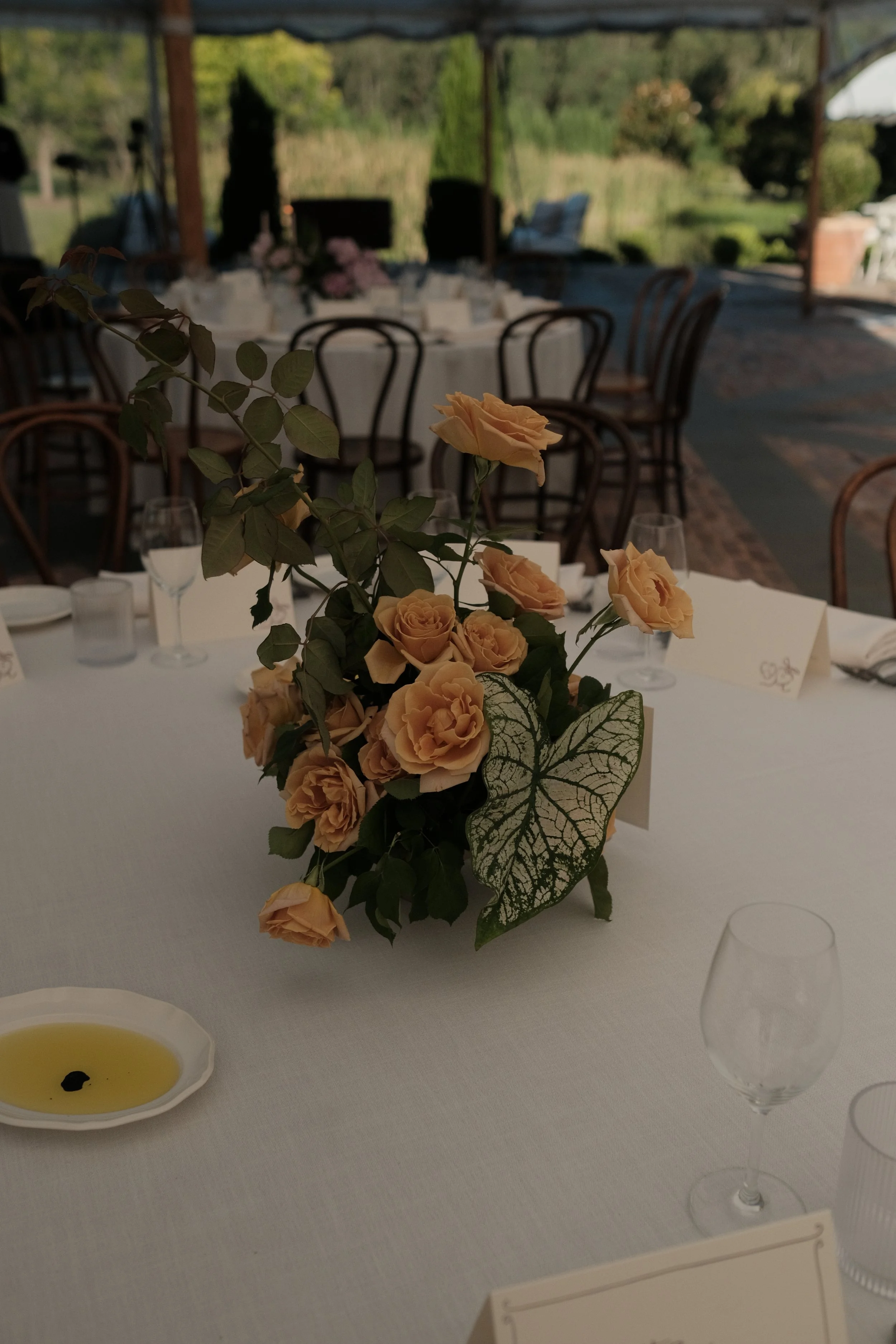 Close-up wedding table centrepiece, white roses, pink hydrangeas and tulips by The Naked Florist, Redleaf Wollombi wedding