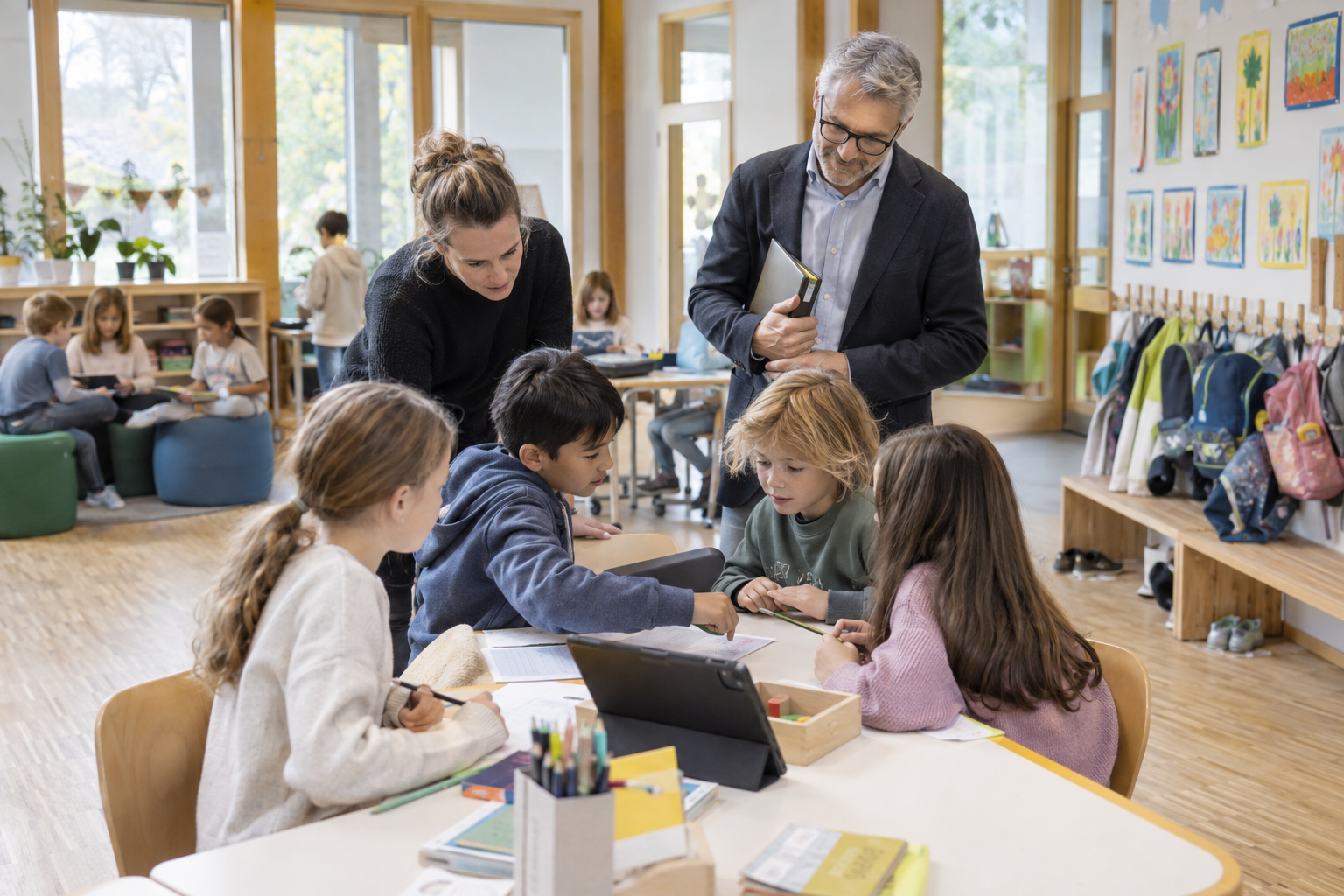 Ein leeres Klassenzimmer mit mehreren Holztischen und Stühlen, große Fenster auf der linken Seite, bunte Wimpel an der Wand, eine große grüne Tafel, eine Uhr an der Wand, Pflanzen in der Ecke, Whiteboards und Notizen an den Wänden. KI-Generiert