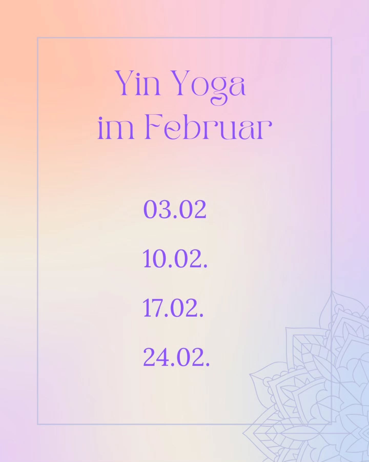 Yin Yoga 🧘🏼&zwj;♀️ jeden Montag im Februar ✨️

Ich freue mich, euch im Februar jeden Montag eine tiefenentspannende Yin Yoga Einheit anbieten zu k&ouml;nnen.

Wir treffen uns via Zoom. Du kannst es dir bei dir zu Hause ganz gem&uuml;tlich machen. M