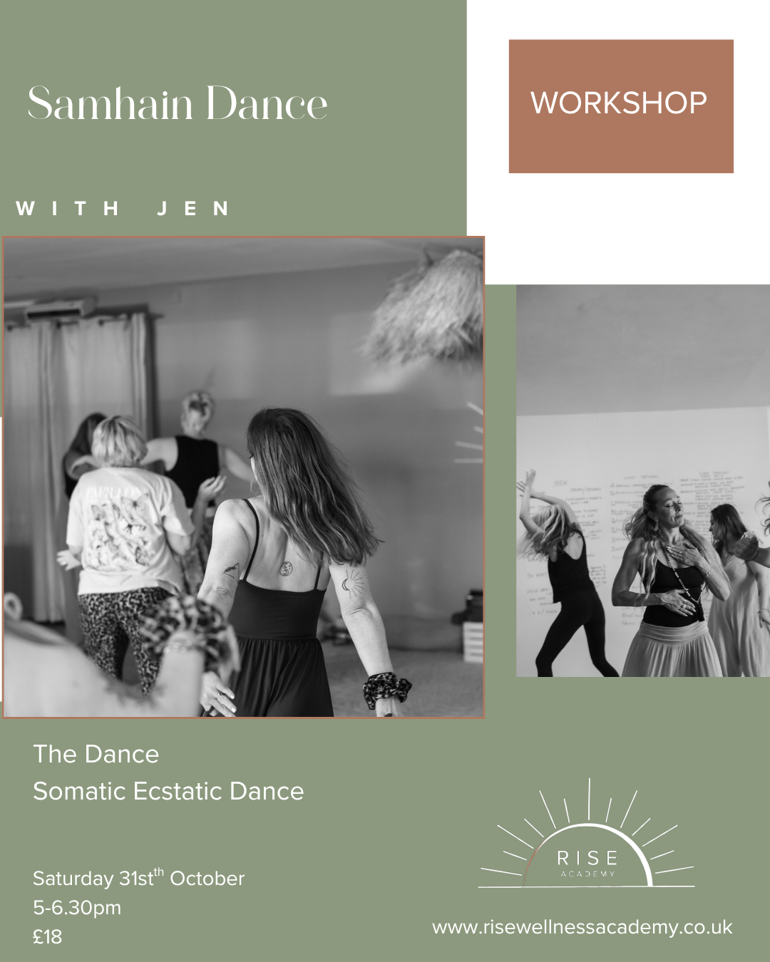 Flyer for Samhain Dance workshop with Jen, featuring black-and-white photos of people dancing indoors, with green and brown design elements, details about the event date, time, price, and website.