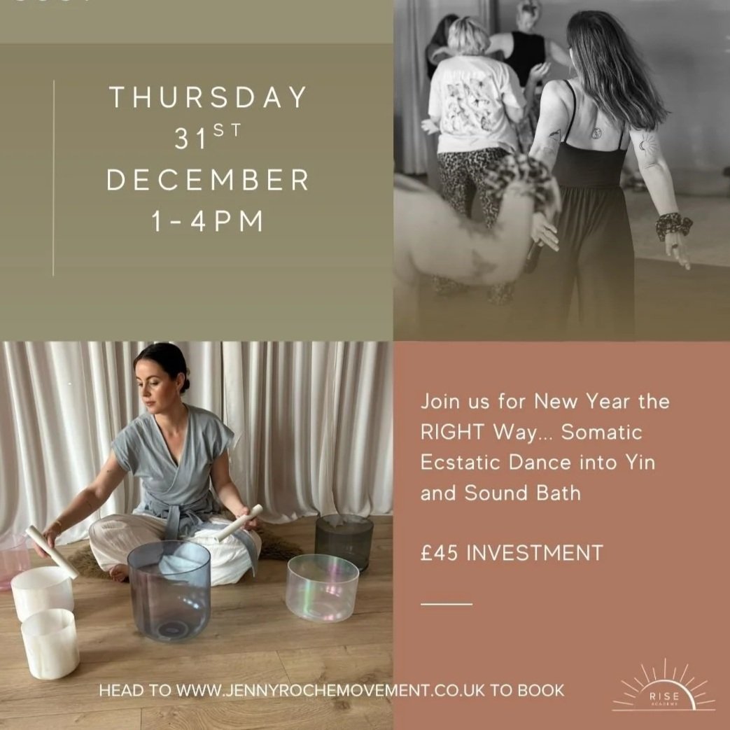 An event flyer advertising a New Year's celebration on Thursday, December 31st, from 1 to 4 PM, featuring a sound bath and somatic ecstatic dance. The flyer includes two photos: one of women dancing and another of a woman sitting cross-legged playing crystal bowls.