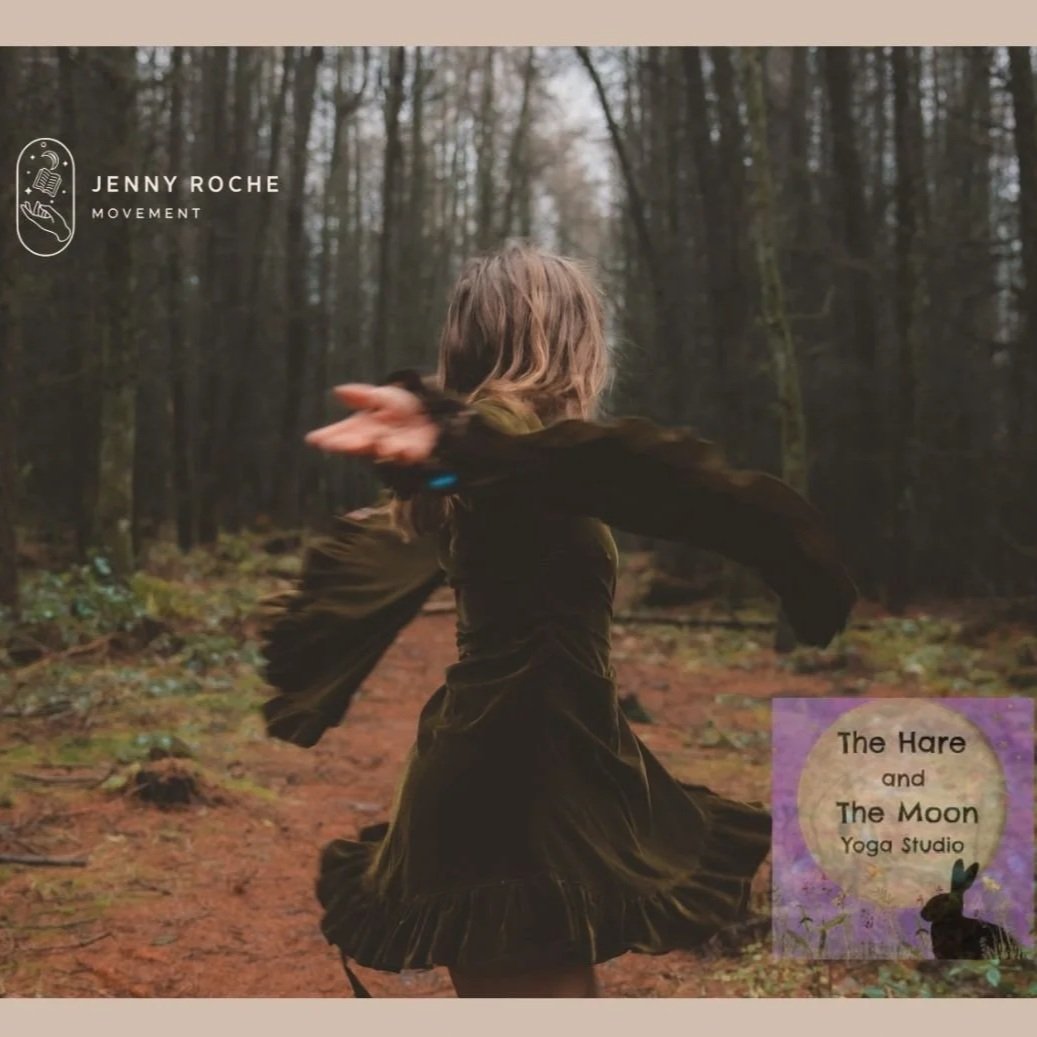 A woman with long hair dancing or spinning on a forest trail surrounded by trees during the day, with an overlay of text and a rabbit graphic in the lower right corner that says, "The Hare and The Moon Yoga Studio."