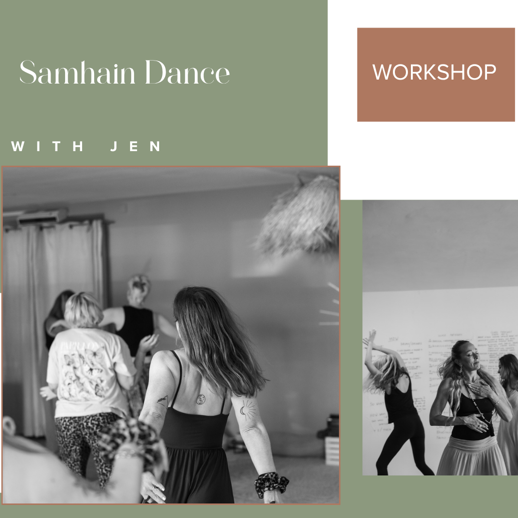 A promotional poster for a Samhain Dance workshop with Jen. The poster features two black-and-white photos of people dancing indoors, with a green background and brown accents.