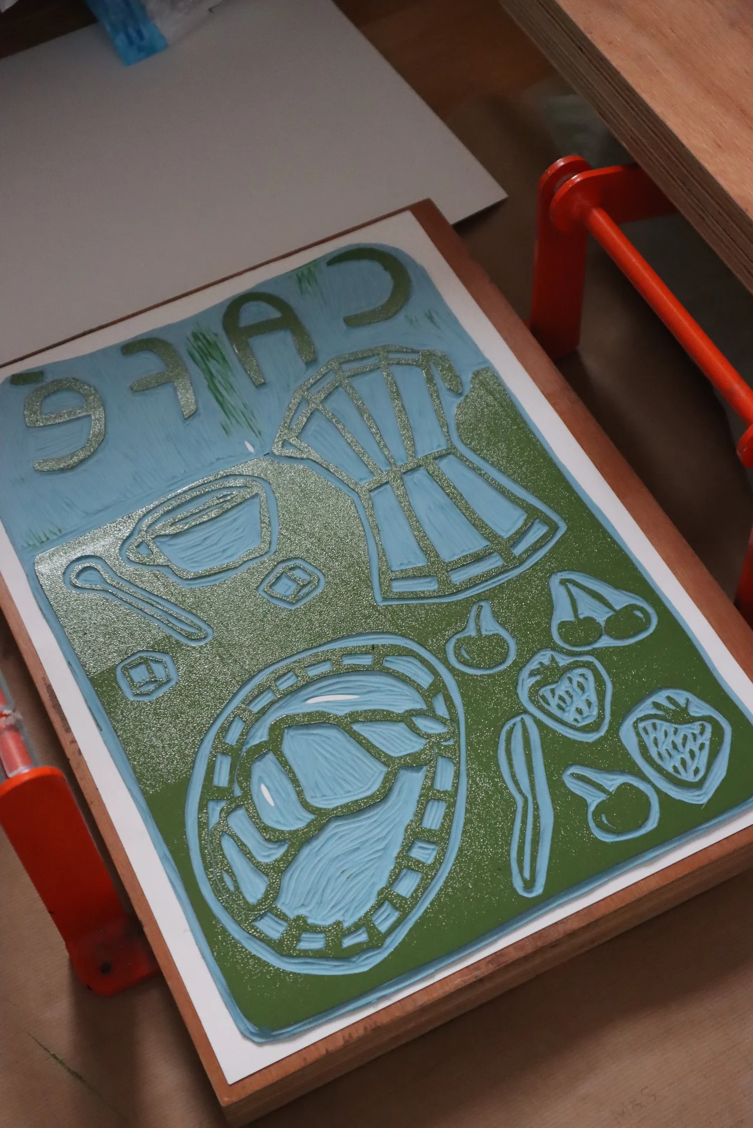 Café Breakfast - Olive Green Linocut - Art Print — Jazmine Joye