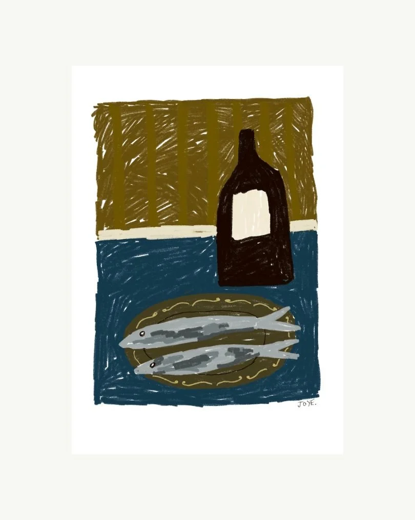 Fish and Wine Still Life Sketch - Art Print