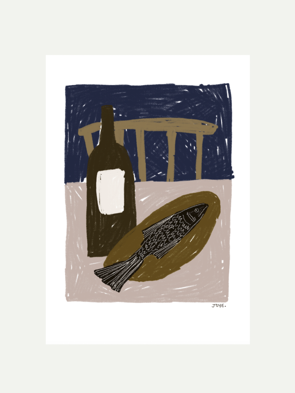 Wine and Fish Still Life Sketch - Art Print