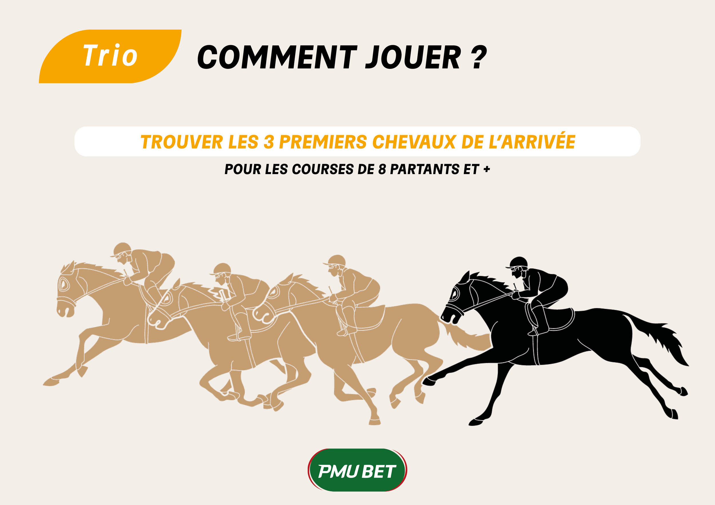 TRIO - Pour parier en TRIO, vous devez trouver les 3 premiers chevaux de la course pour les courses de 8 partants ou plus.