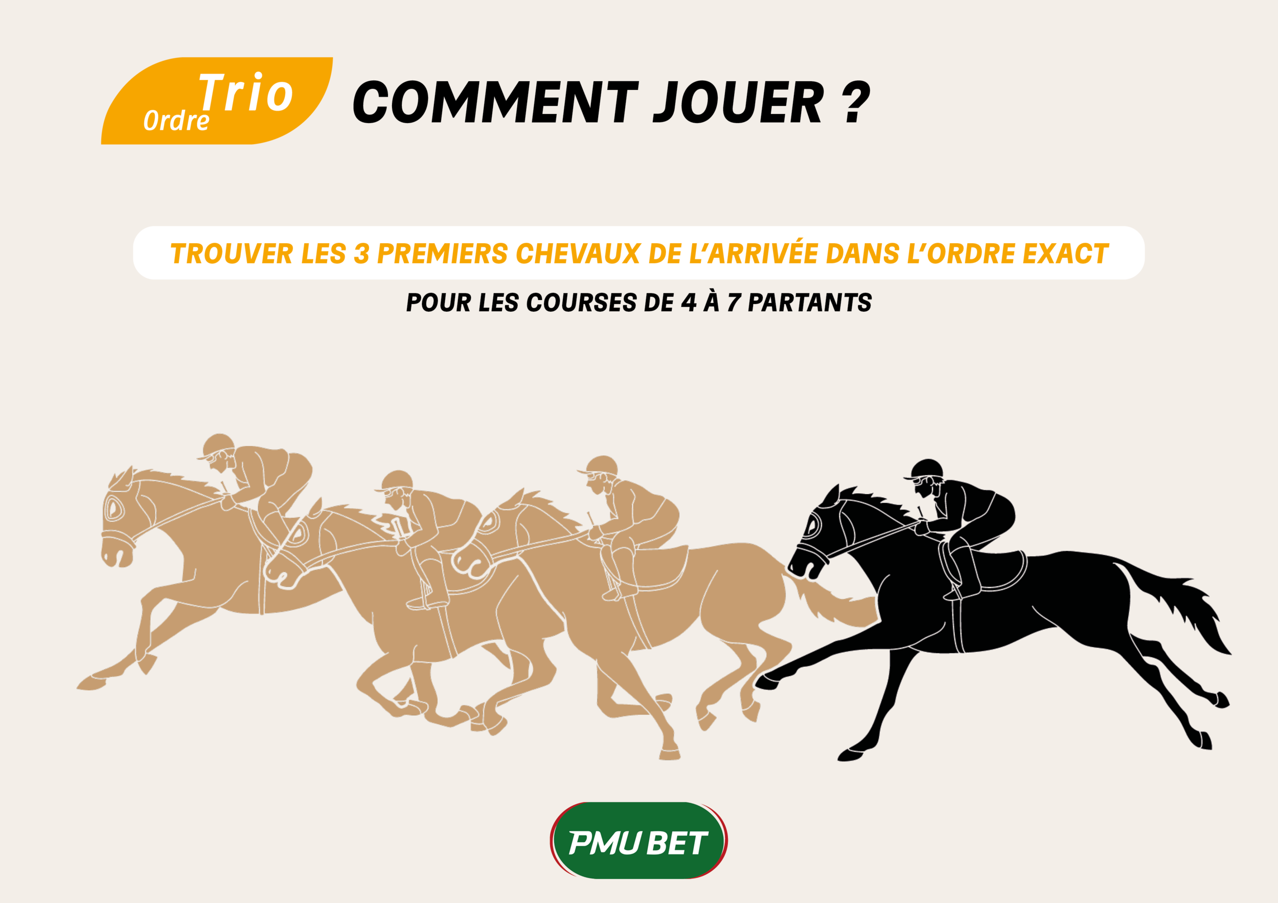 TRIO ORDRE - Pour parier en TRIO ORDRE , vous devez trouver les 3 premiers chevaux de la course dans l'ordre exacte pour les courses comprenant de 4 à 7 partants. 