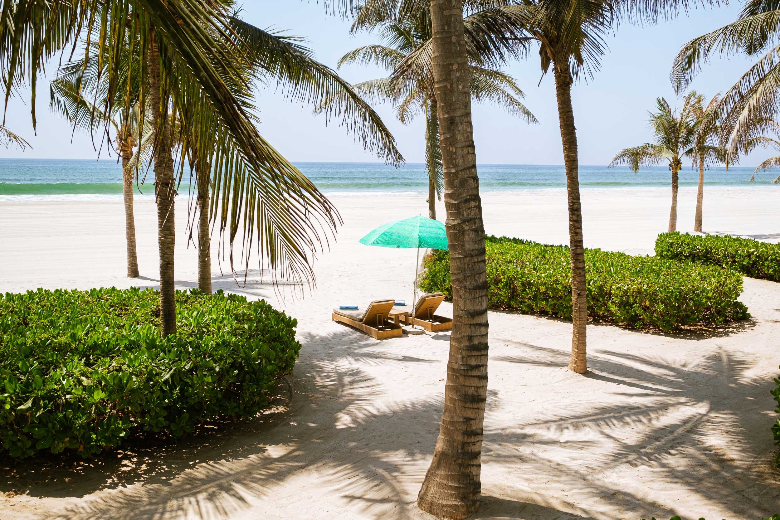 A tropical beach scene with palm trees, a turquoise umbrella, and two lounge chairs on white sand.