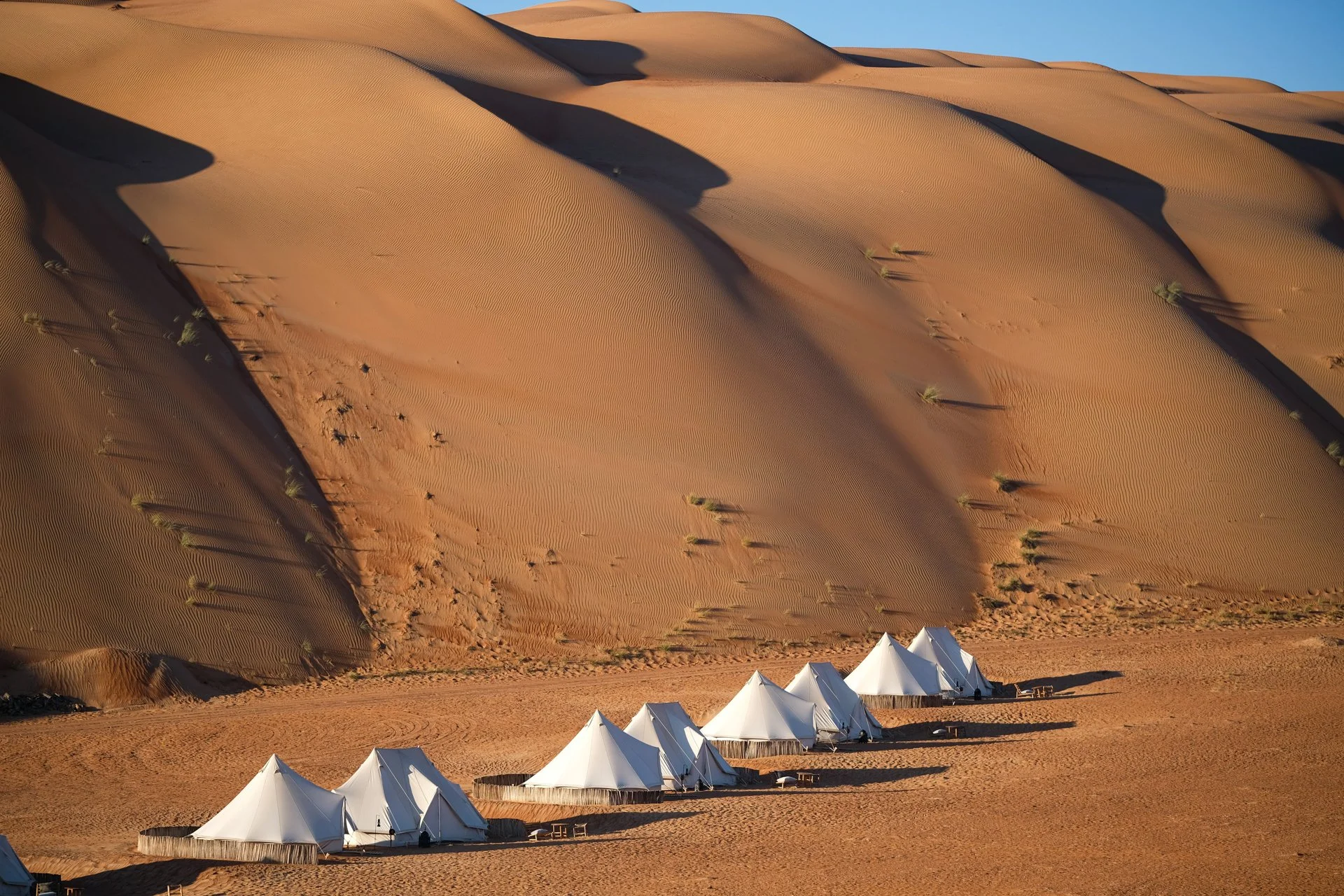 White tents in a desert landscape with large sand dunes