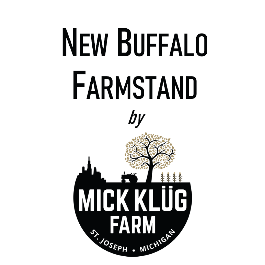 Logo of New Buffalo Farmstand by Mick Klüg Farm featuring a tree, farm landscape, and text.