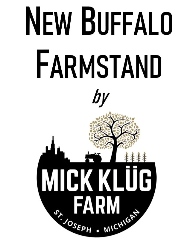 Logo for New Buffalo Farmstand by Mick Klug Farm in St. Joseph, Michigan, featuring a stylized farm scene with a tree, a tractor, and crops.