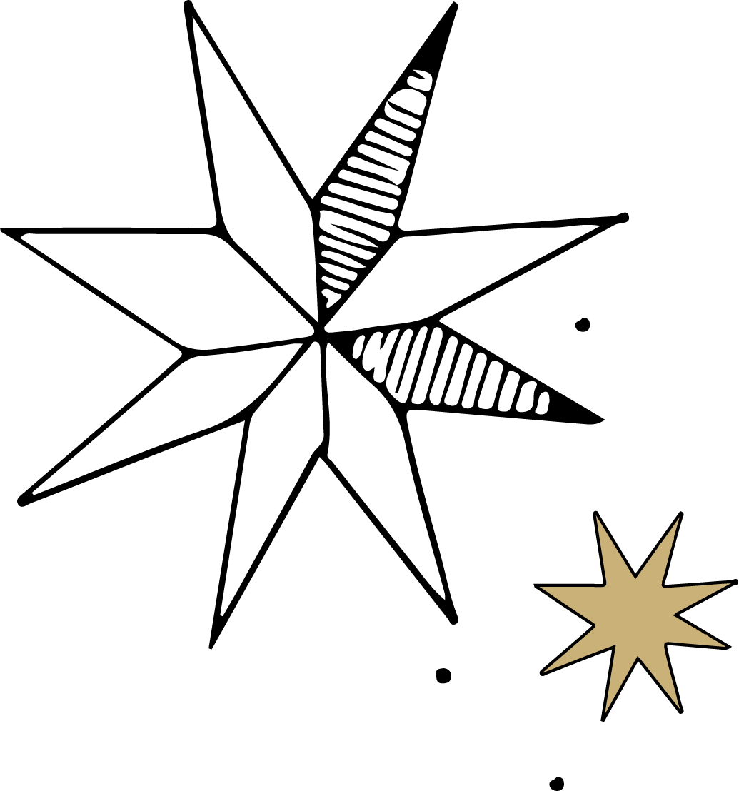 Black background with a large, gold, eight-pointed star in the bottom right corner.