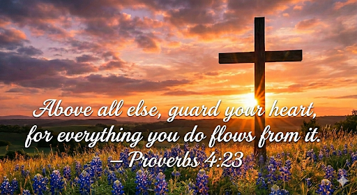 Sunset sky over a field of bluebonnets with a cross and an inspirational Bible verse from Proverbs 4:23.