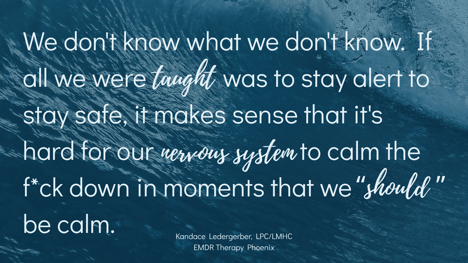 Quote by EMDR therapist Kandace Ledergerber reading if all we were taught was to stay alert to stay safe it makes sense that it's hard for our nervous system to calm down