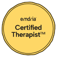 Small yellow circle badge with the text EMDRIA certified Therapist TM