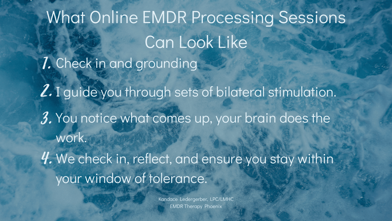 Graphic titled “What Online EMDR Processing Sessions Can Look Like” listing grounding, bilateral stimulation, noticing responses, and check-ins.