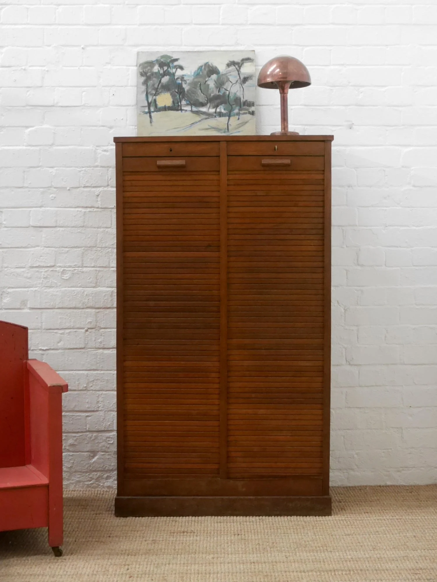 Vintage French double tambour cabinet