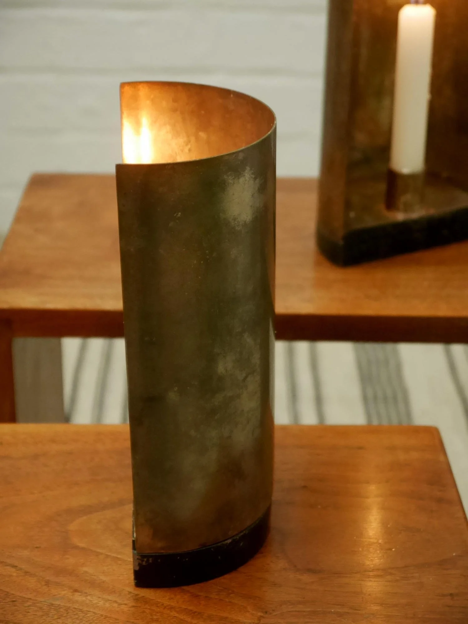 Pair of vintage brass and wood candleholders