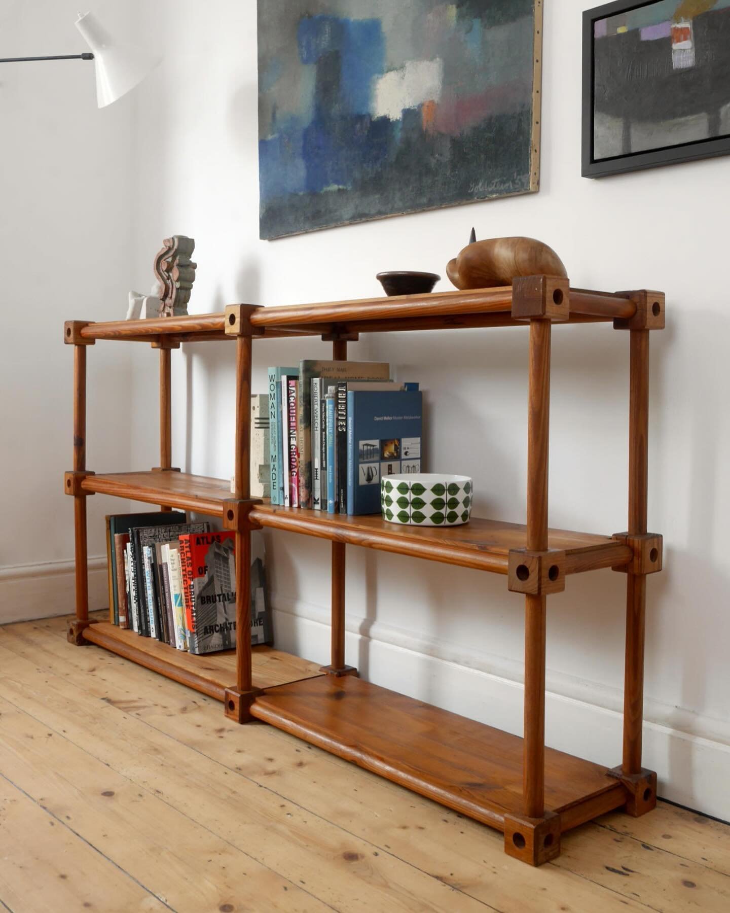 New stock just added to website, including this 1970s pine bookcase. Made of wooden rods, connecting blocks and shelving panels.