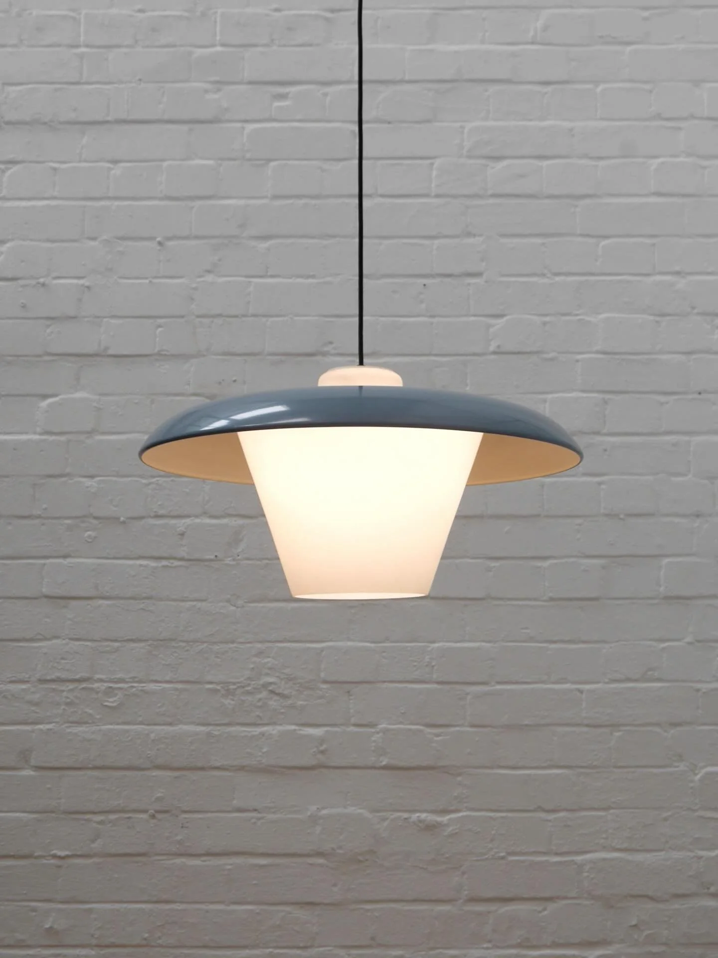 Headed up to Northampton this week to pick up this great run of five large pendant lights made in the 1950s by Falks (Falk, Steadmann &amp; Co). They came fresh from a church where they hung untouched for 70 years. 

White opaline glass shades with w