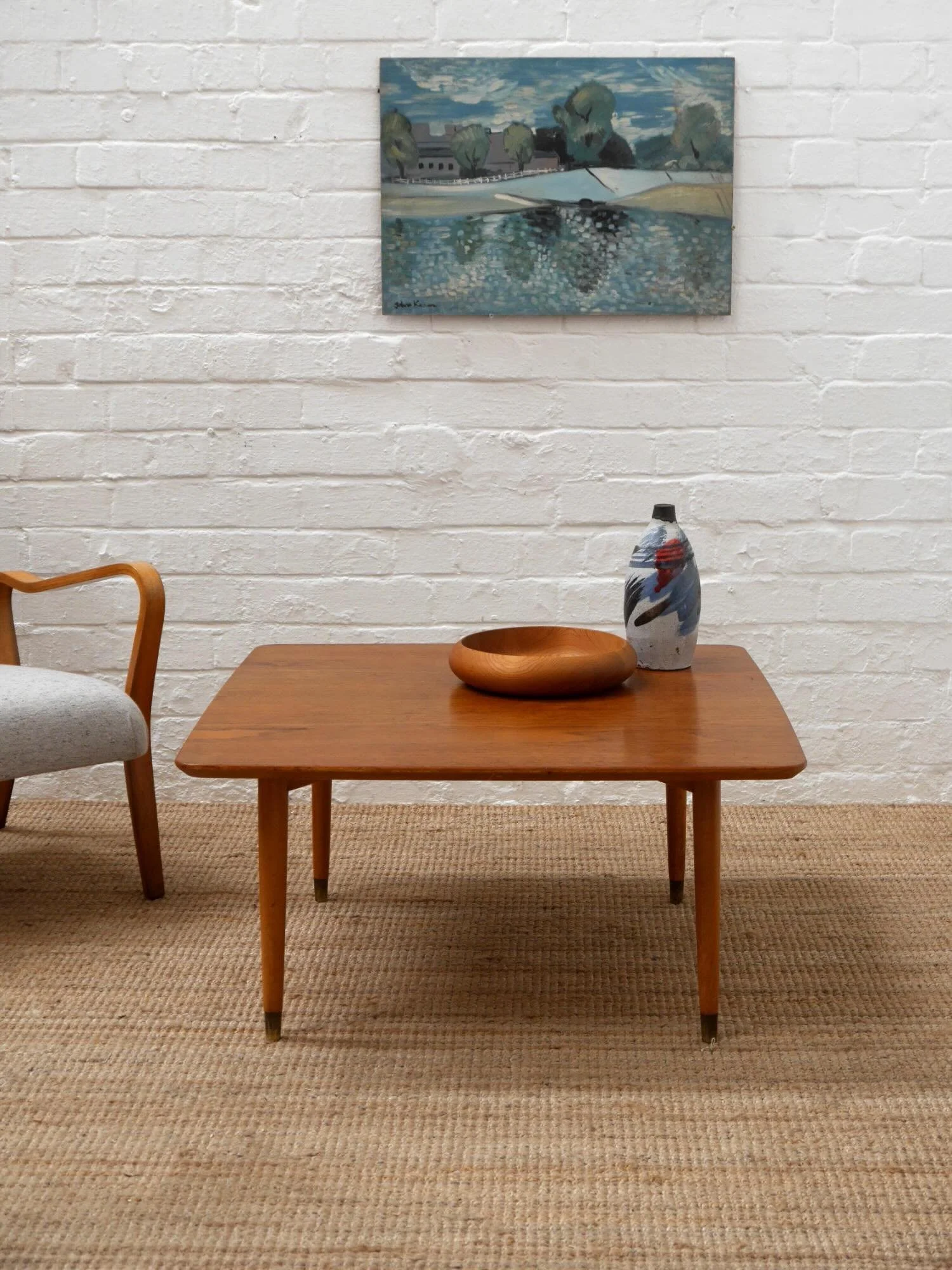1950s coffee table with teak top and beech legs. Simple design with a really great provenance, coming from the home of a very well-known British mid-century architect. 

DM for more info.