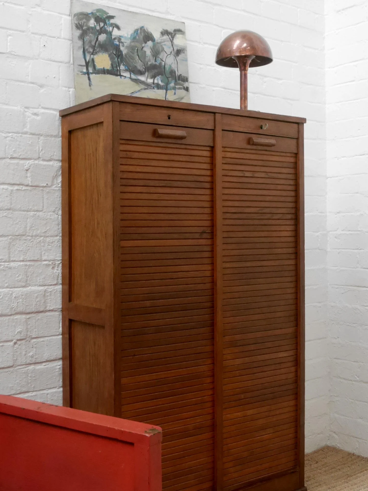 Vintage French double tambour cabinet
