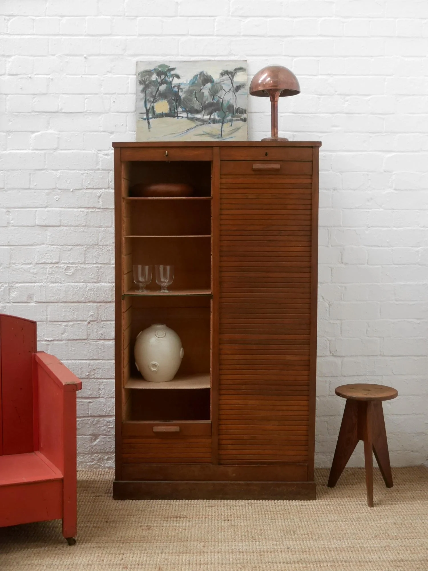 Vintage French double tambour cabinet