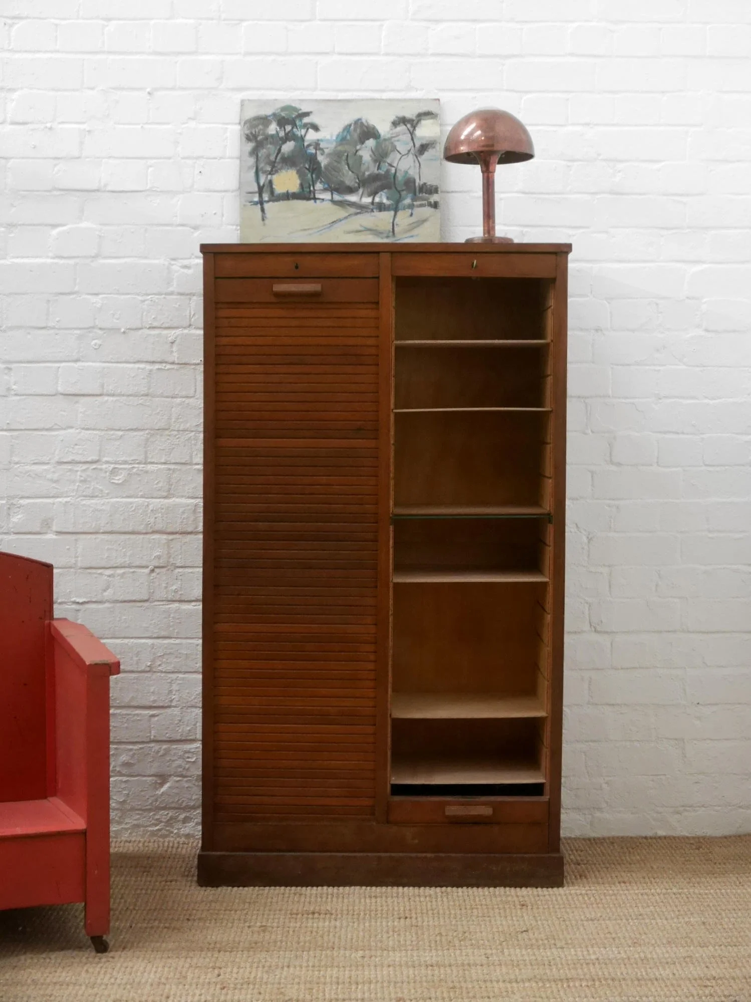 Vintage French double tambour cabinet
