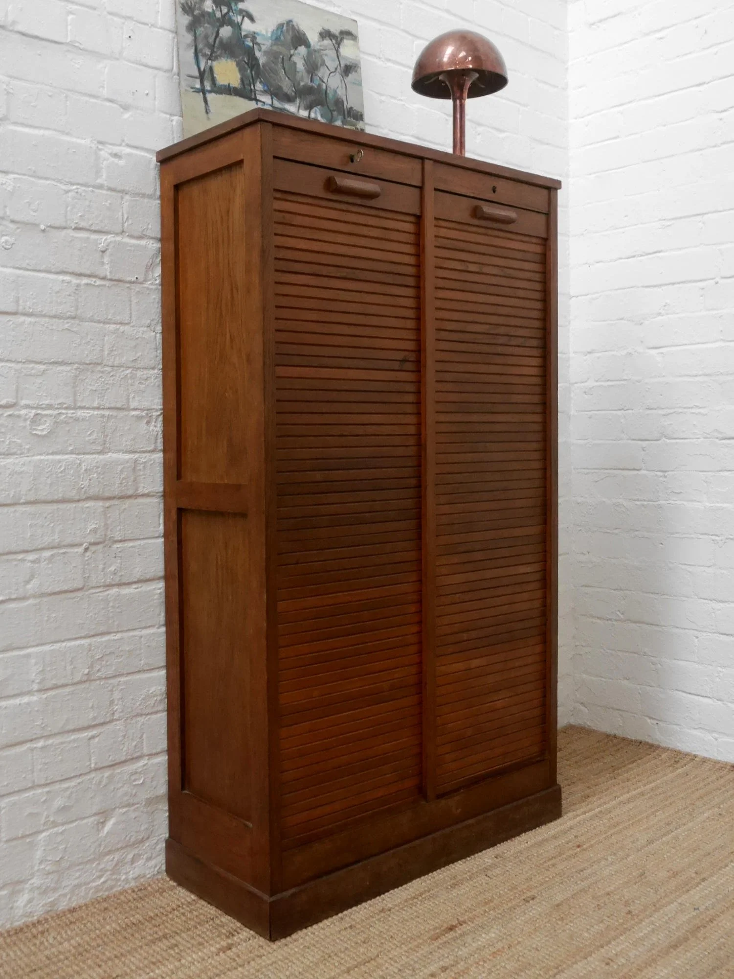 Vintage French double tambour cabinet