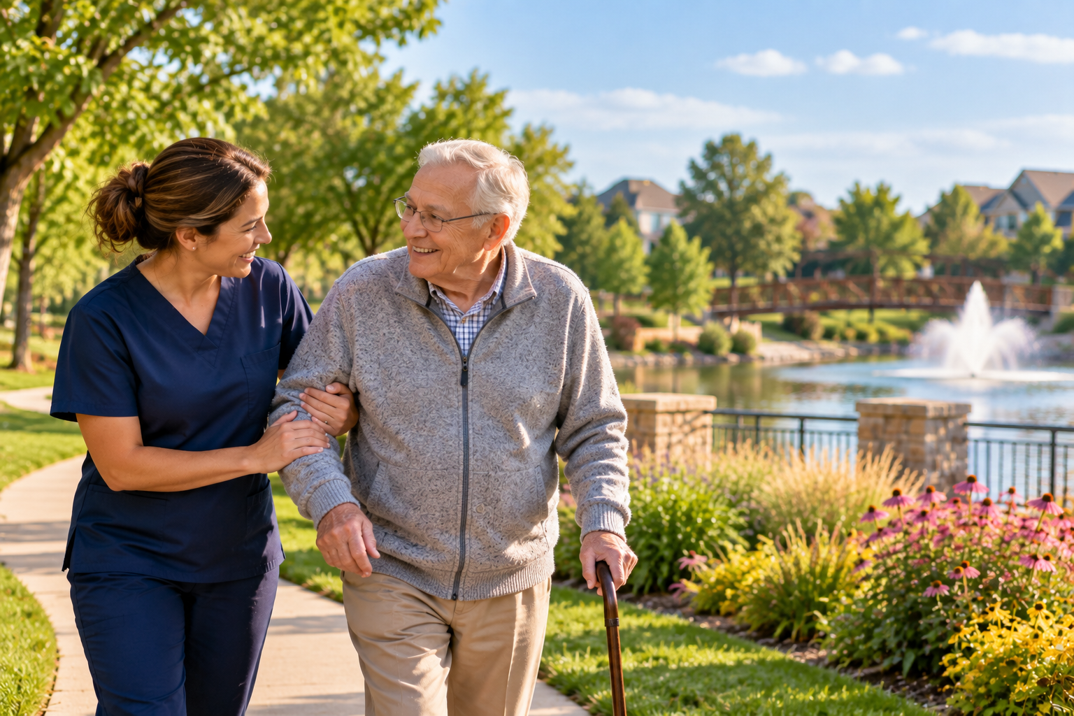 Caretech caregiver assisting a senior with a cane in Olathe, Kansas