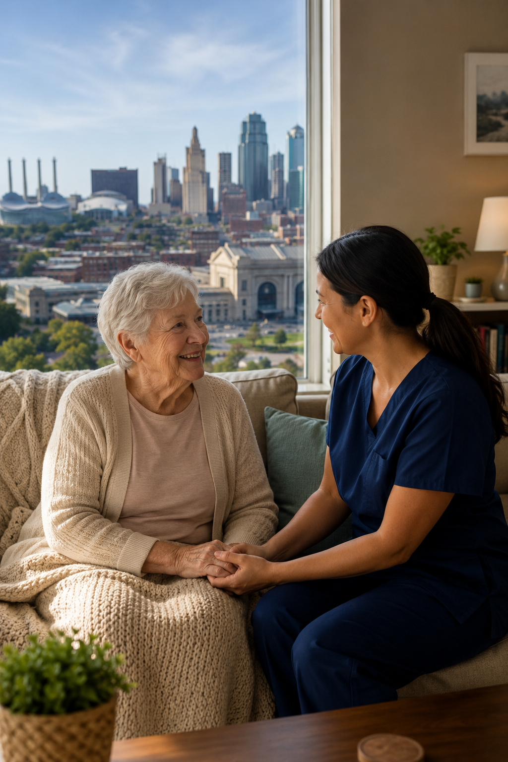 Compassionate Caretech of Kansas caregiver providing in-home care and companionship to an older adult in a comfortable home overlooking the Kansas City, Kansas skyline.