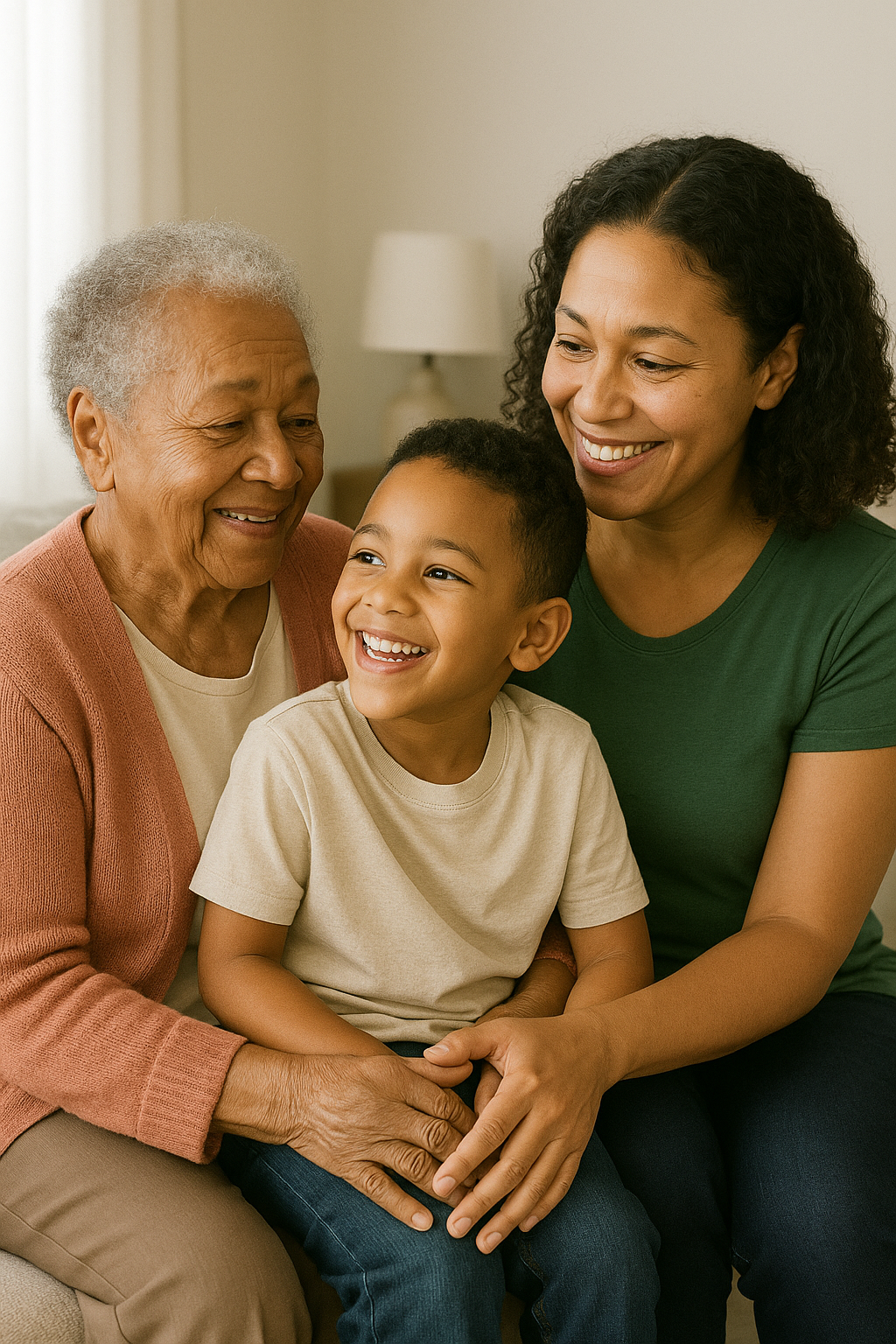 Image of a senior woman, her adult daughter, and her young grandson. Displaying that the Best Possible Care is provided by those who love you.