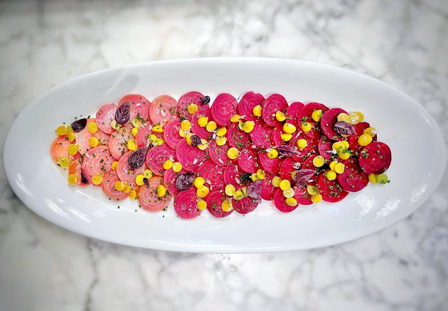 Slow roasted heirloom beets from the garden with pickled husk cherries, opal basil and husk cherry vinaigrette 

These were by far the most beautiful, tender and flavorful beets I&rsquo;ve ever had. I slow roasted them at 325 in a covered roasting di