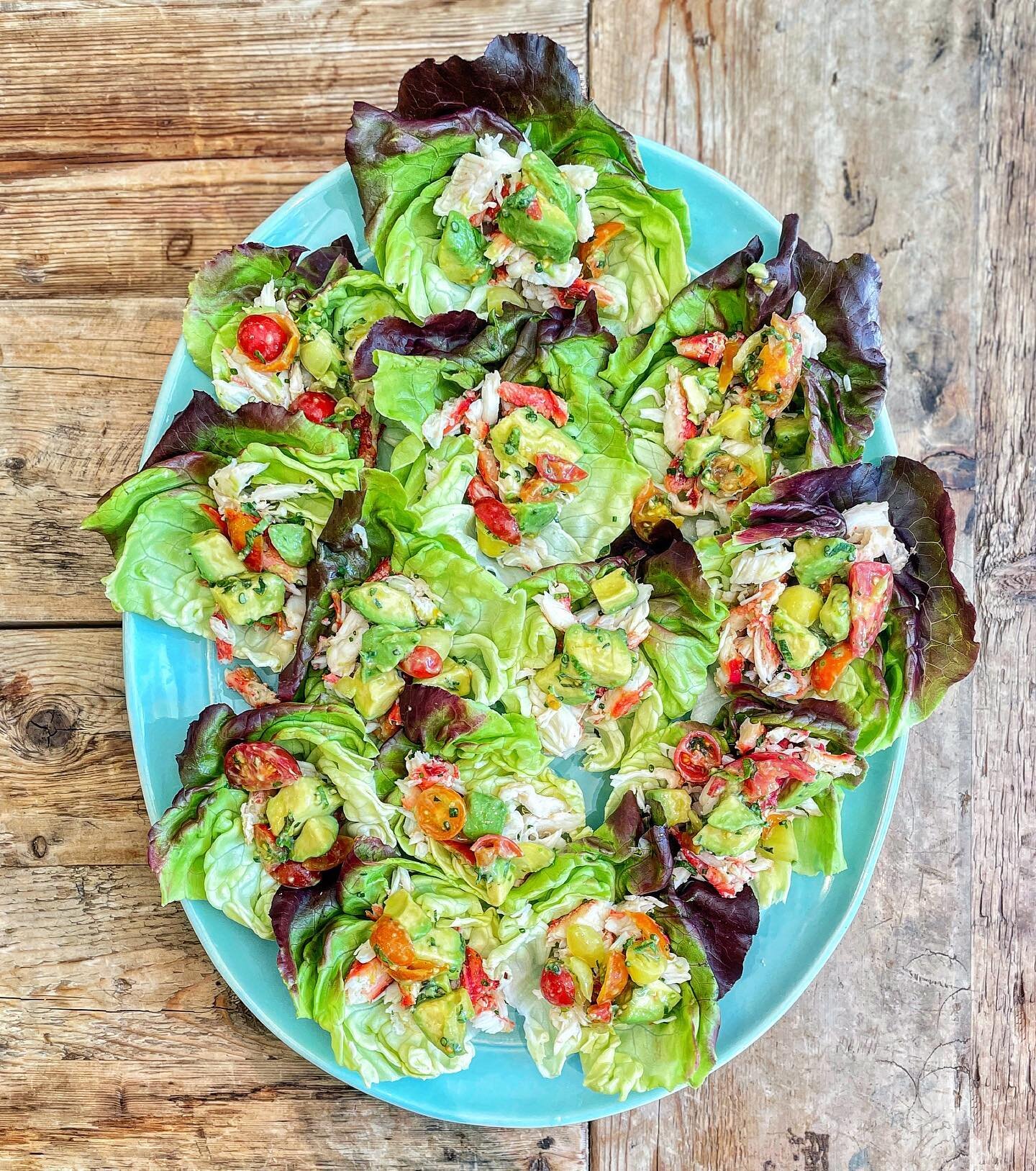 King crab lettuce wraps with an avocado and heirloom tomato relish