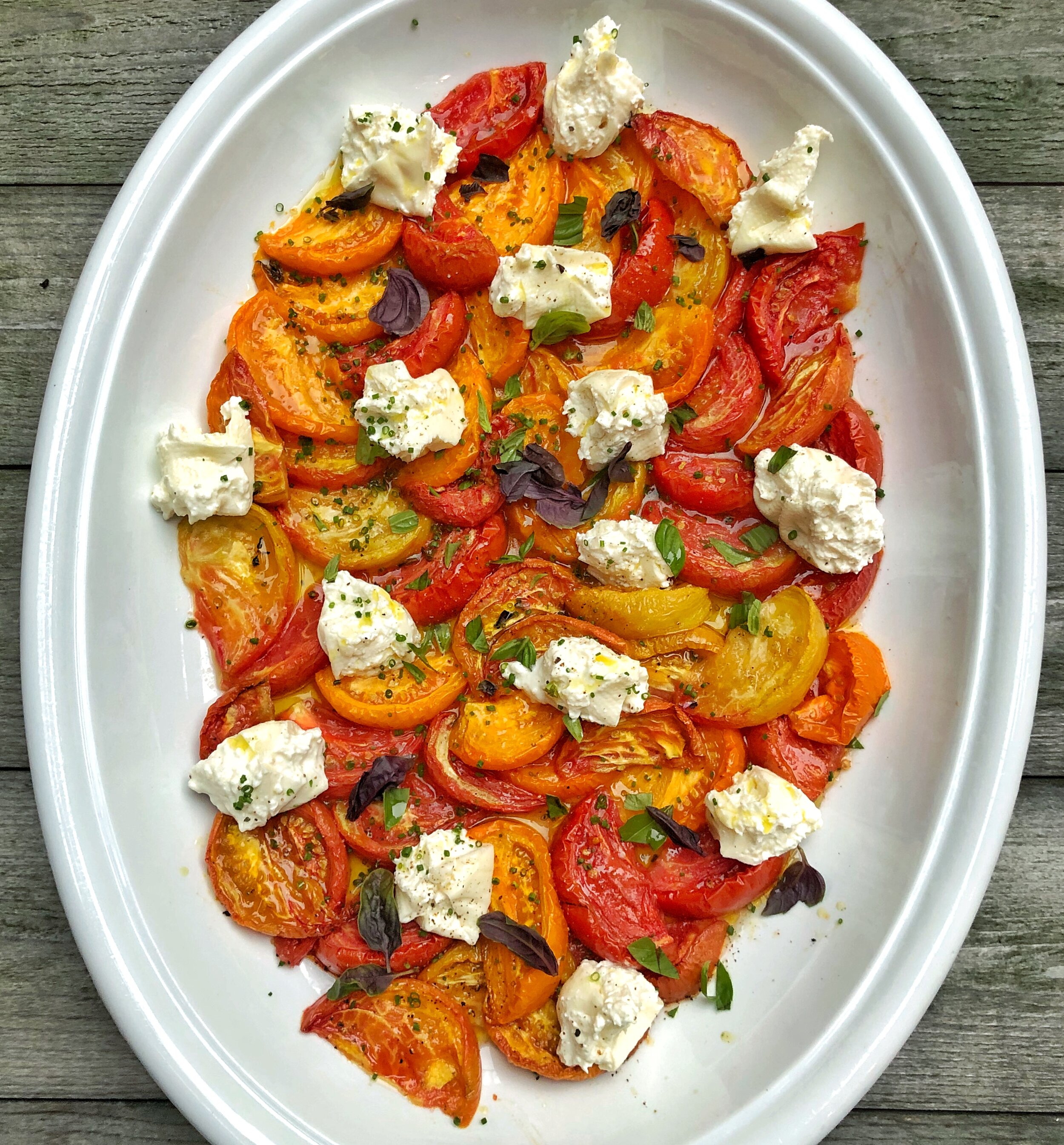 Roasted tomato caprese with burrata and fresh basils from the garden 