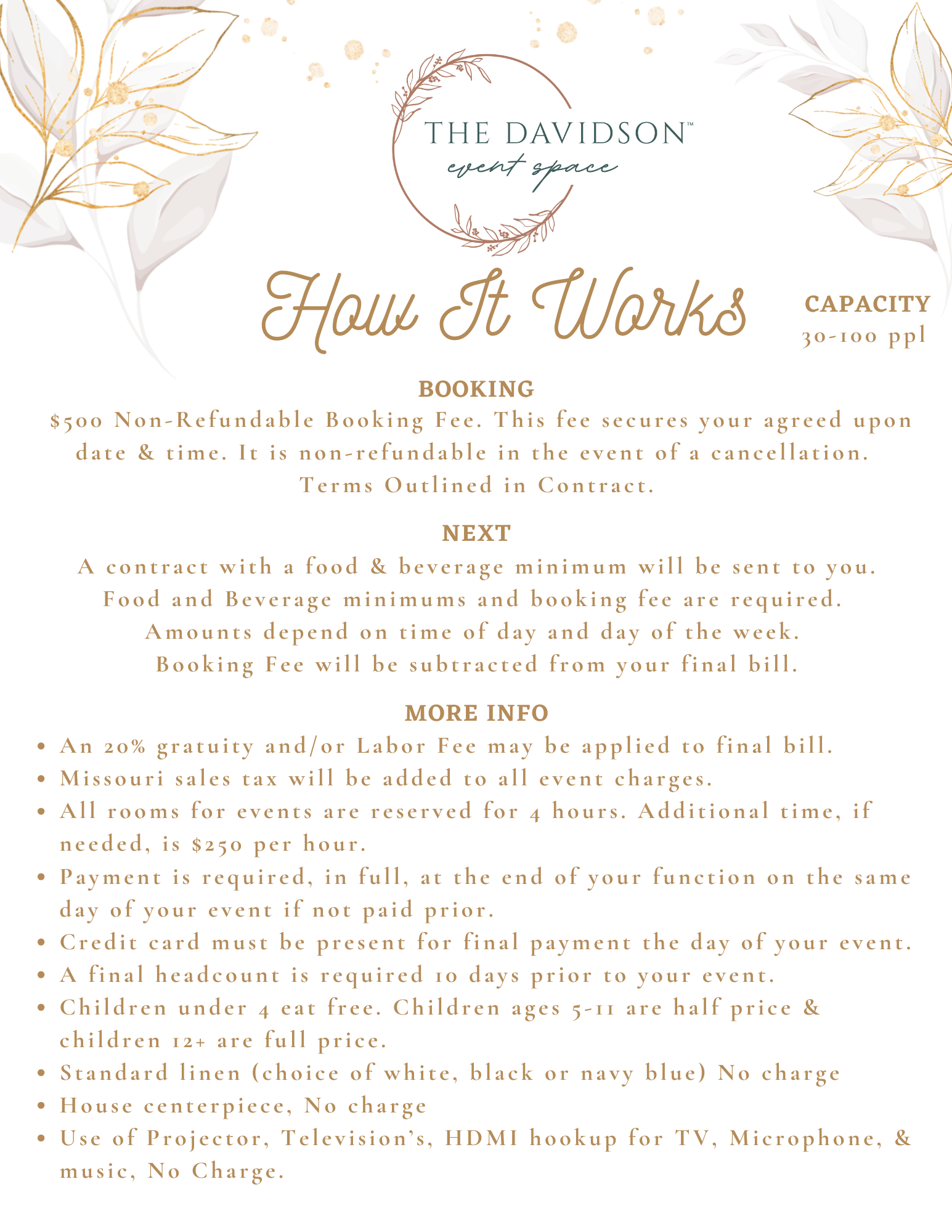 Event details poster with floral accents, providing information on how an event space operates, including booking, capacity, fees, and additional policies.