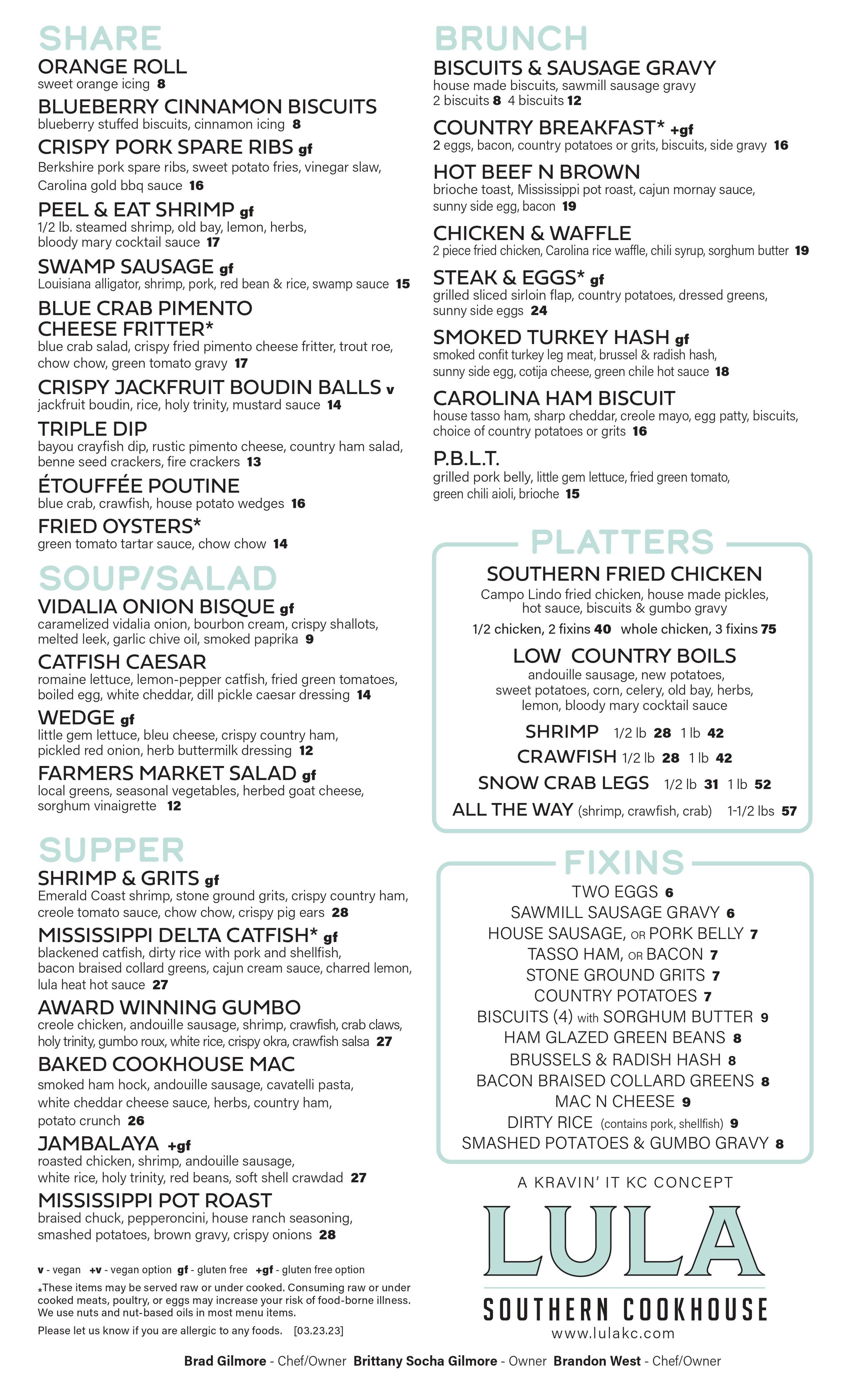 Menu from Lula Southern Cookhouse featuring share, soup, salad, brunch, platters, and fixins sections, with items like orange roll, blueberry cinnamon biscuits, crispy pork spare ribs, shrimp, chicken and waffles, steak and eggs, smoked turkey hash, Southern fried chicken, low country boils, and various sides and desserts.