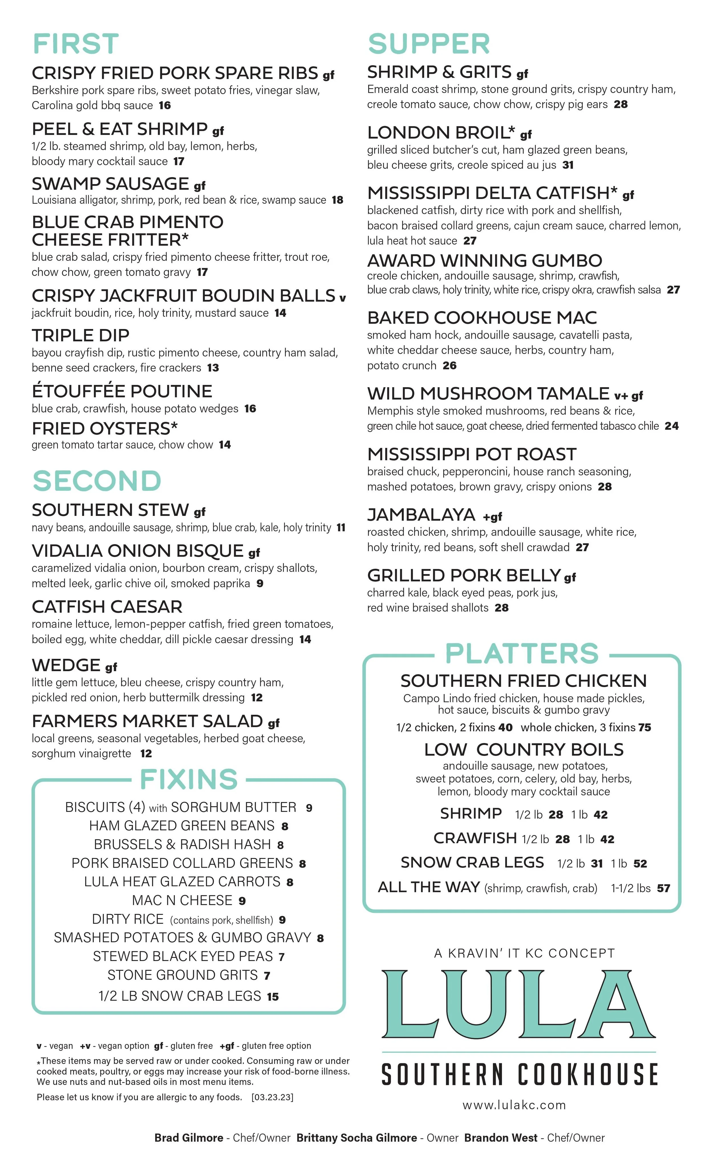 Menu from Lula Southern Cookhouse listing various dishes categorized as First, Second, Supper, Platters, and Fixins, with prices and descriptions of each dish.