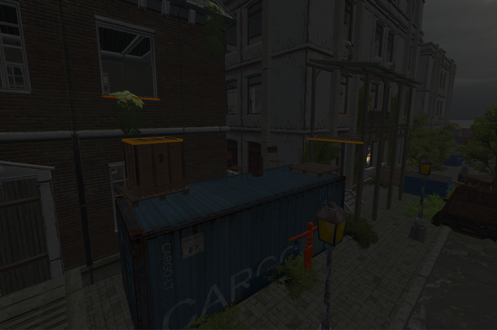 Some objects have parts of their textures tinted orange to convey to the player that they are climbable.