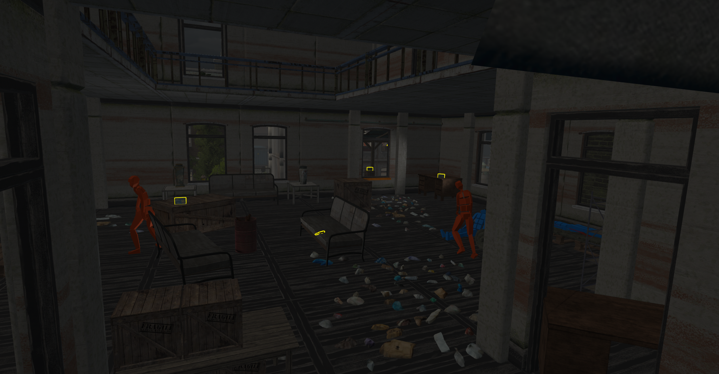 A makeshift shelter that was made in the wake of the zombie outbreak. The trash on the ground is laid out to draw the eye through the room to the open window.