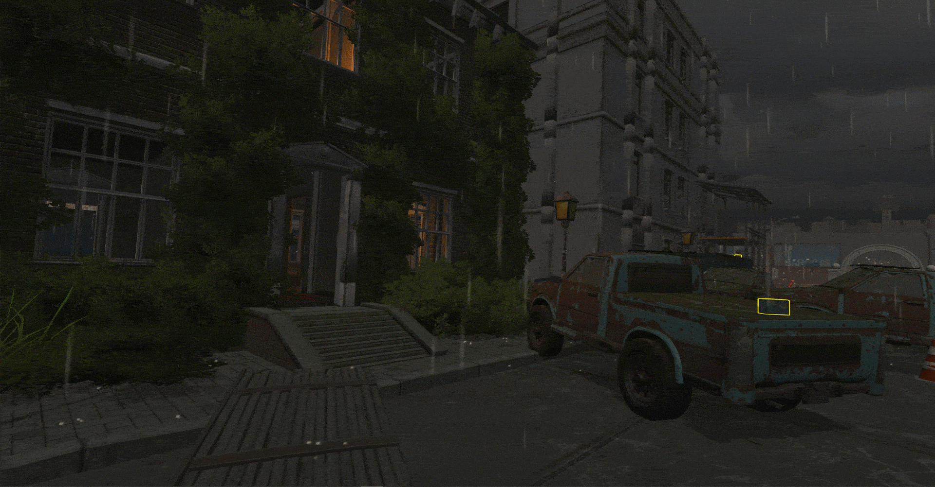 The flickering light as well as the highlighted ammo help draw the player towards the house. The fallen barricade on the ground also subtly points towards the entrance.