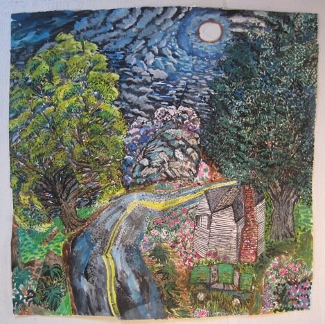 Moonlight, Flowers, Road, Two Trees, House and Pile of Rocks.JPG