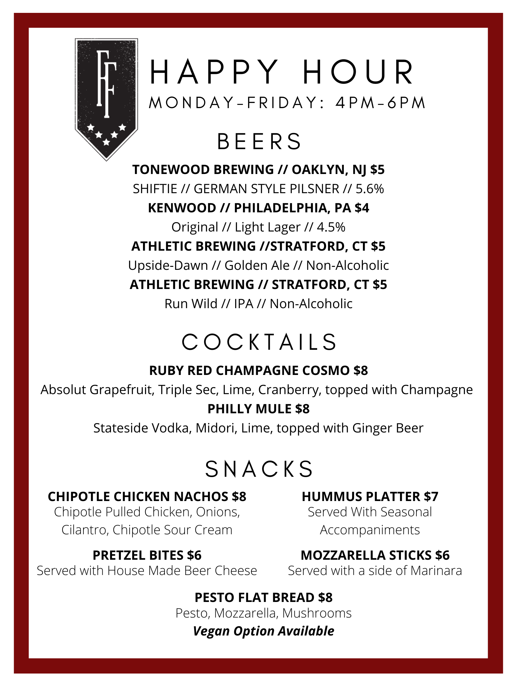 New Happy Hour Menu — Founding Fathers Sports Bar