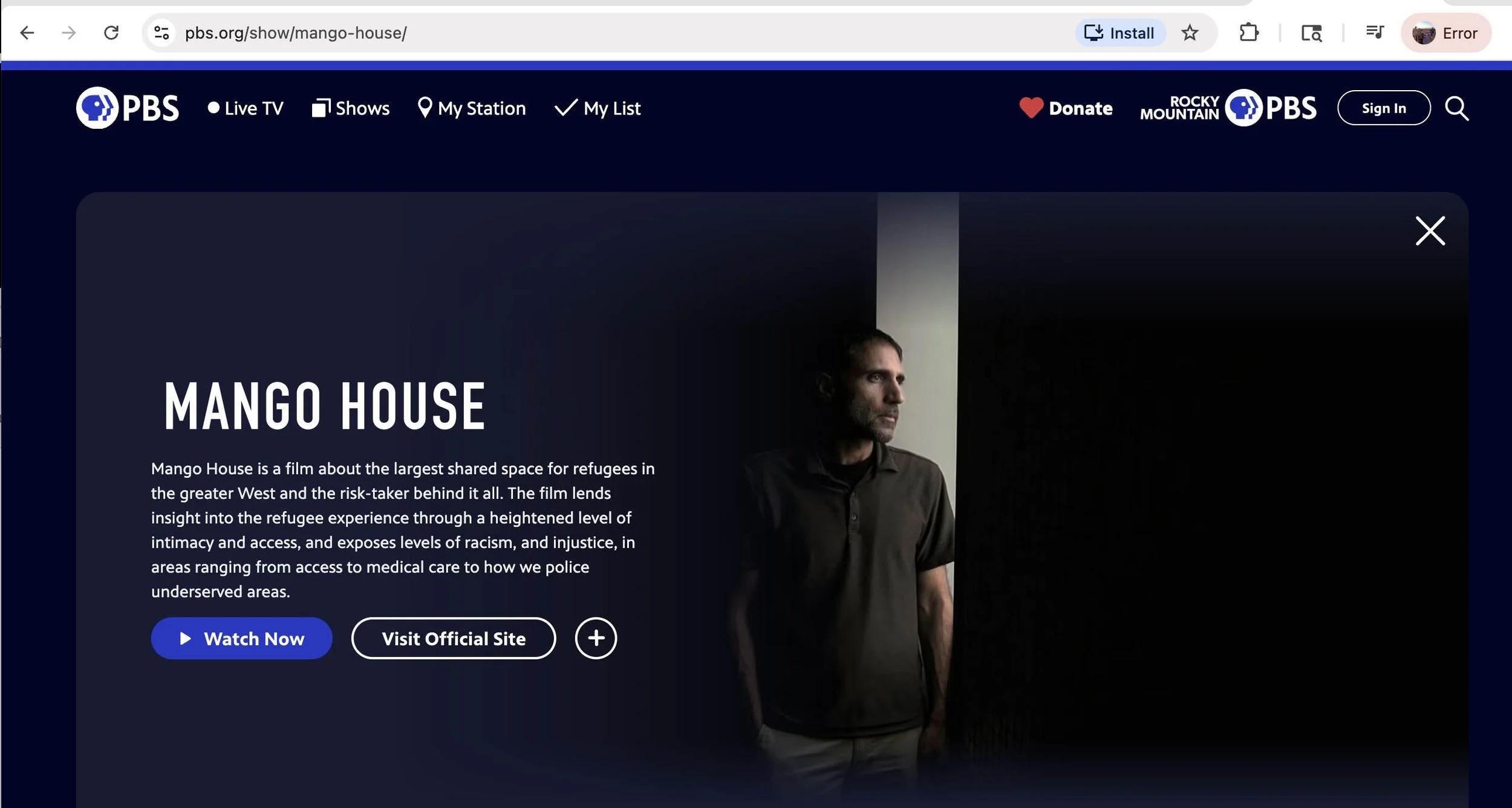 This is an image of Mango House movie on the PBS platform