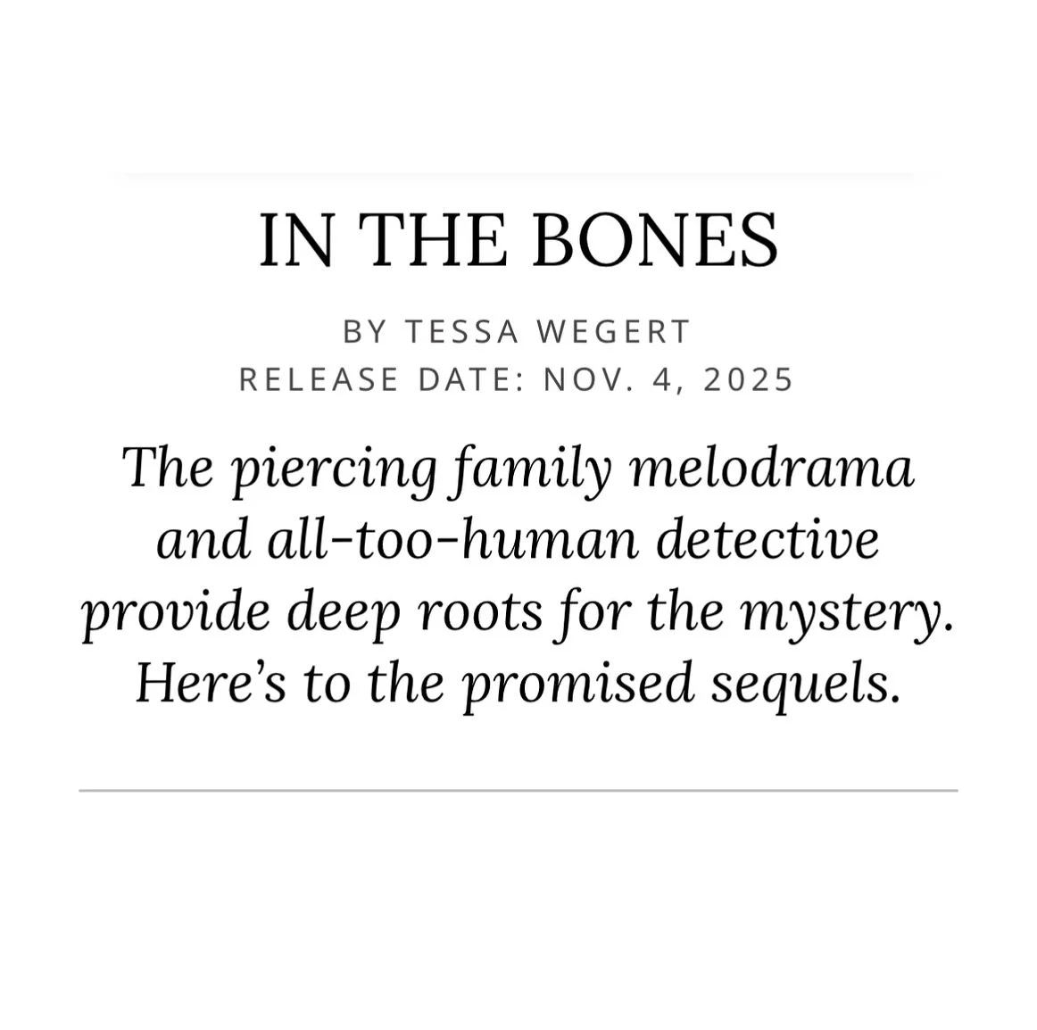 Thanks to @kirkus_reviews for making my Monday with this really generous write-up. Woody, Nicole (and Tim Wellington too!) are coming your way November 4th! 🩷

#inthebones #northcountrynovels #crimefiction