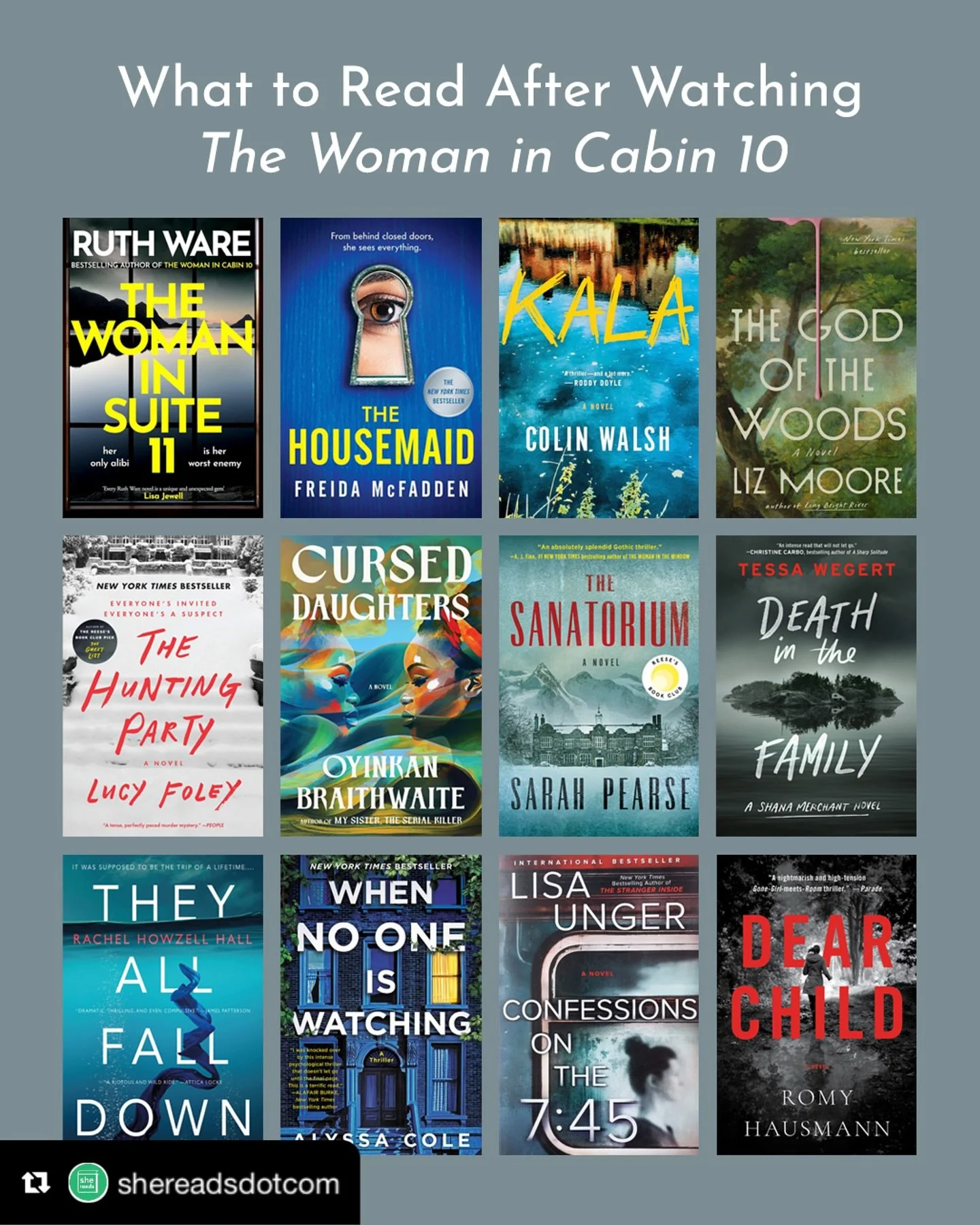 Thanks to @shereadsdotcom for recommending DEATH IN THE FAMILY! I&rsquo;m off to binge the adaptation of @ruthwarewriter&rsquo;s masterpiece. 🌊 🗝️

Repost from @shereadsdotcom
&bull;
With the Netflix adaptation of THE WOMAN IN CABIN 10 finally here